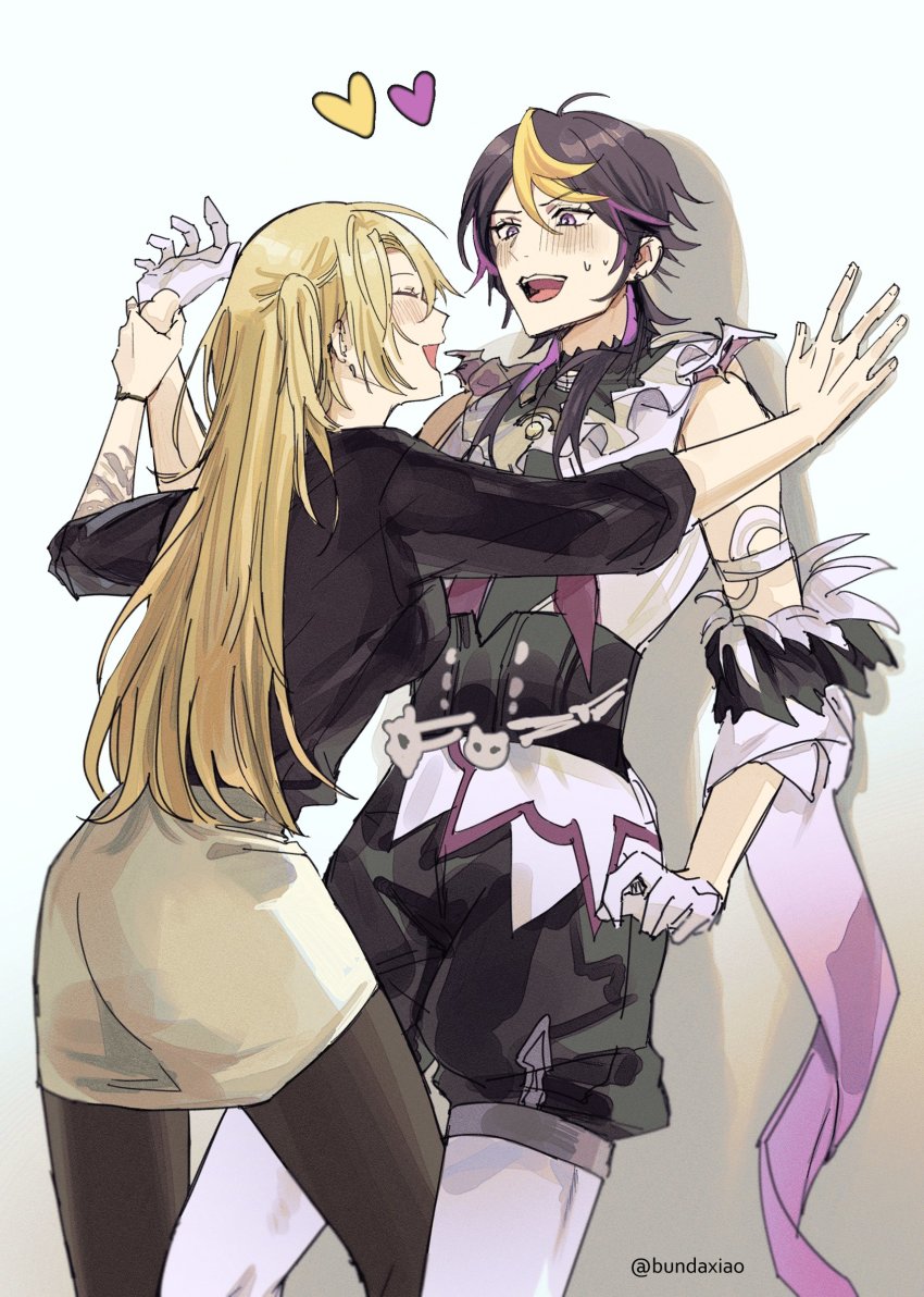 1boy, 1girl, absurdres, black_hair, black_pantyhose, black_shirt, black_shorts, blonde_hair