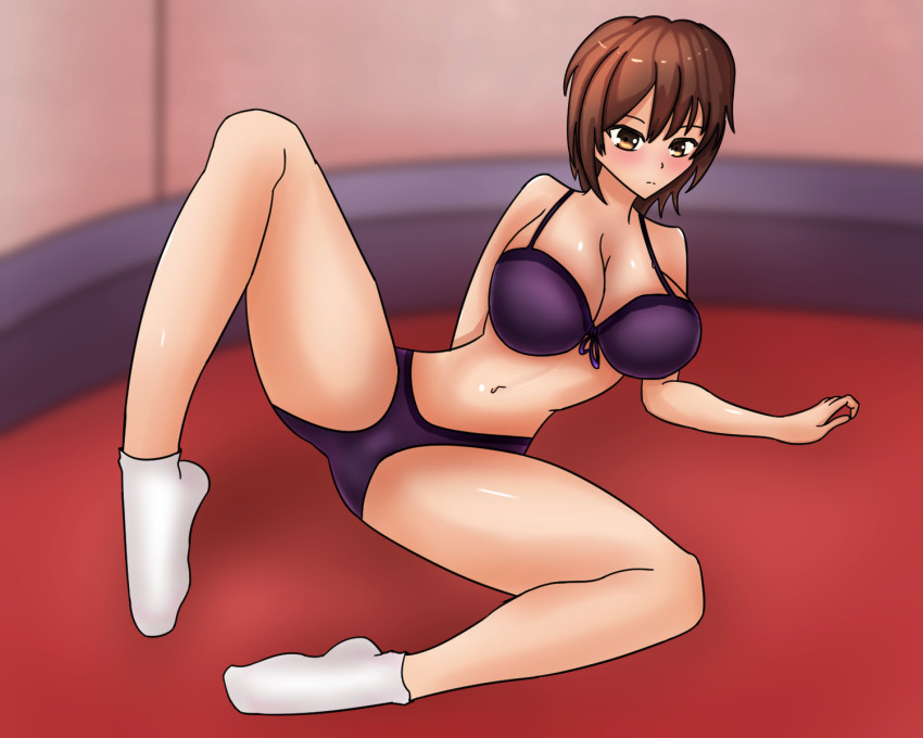 1girl, astelord, belly, blush, bra, breasts, brown_eyes, brown_hair