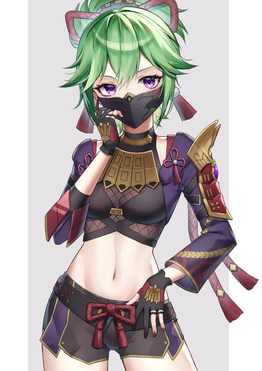 1girl, absurdres, black_gloves, cropped_jacket, genshin_impact, gloves, green_hair, hand_up