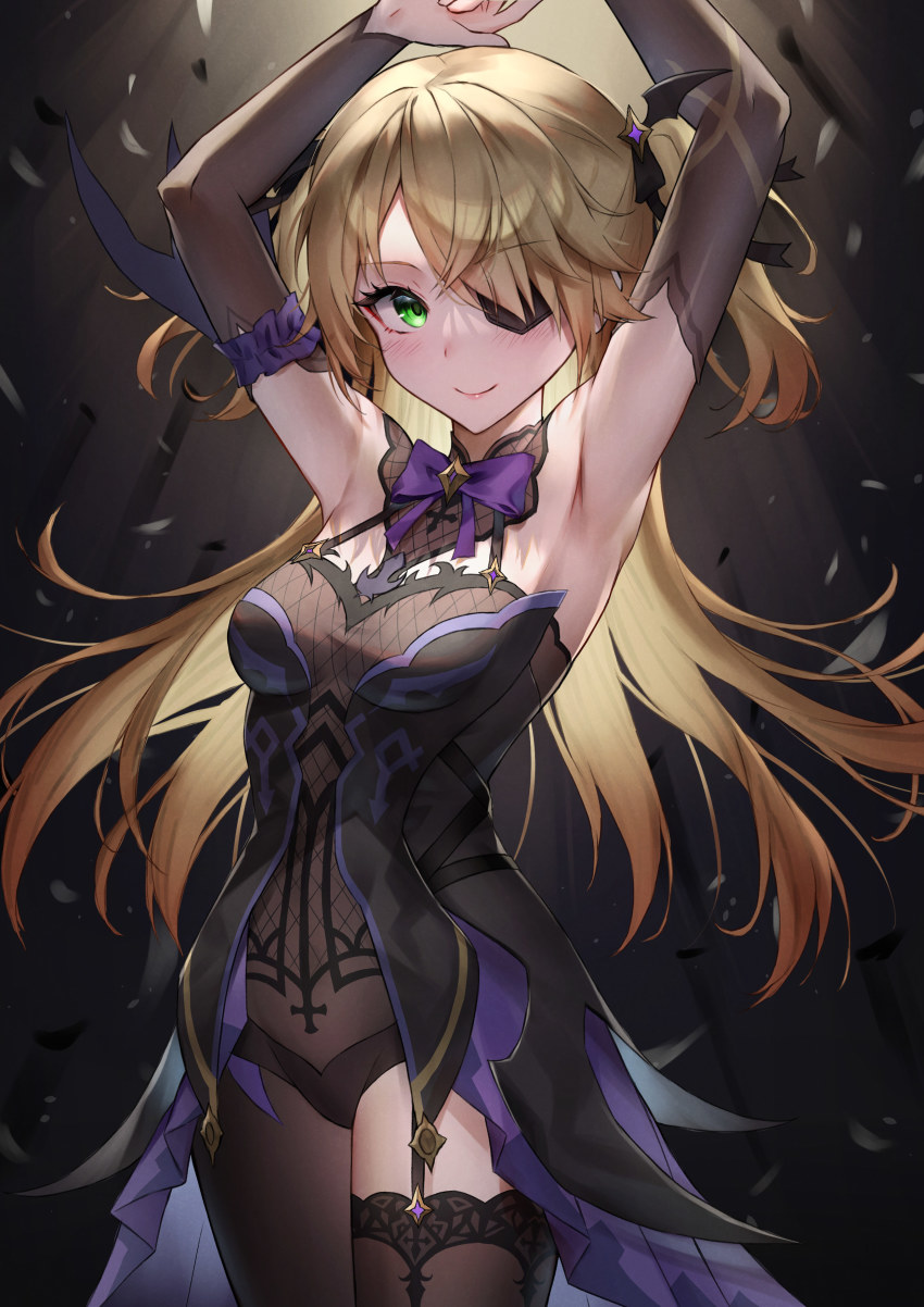 1girl, absurdres, armpits, arms_up, bare_shoulders, black_dress, black_ribbon, blonde_hair