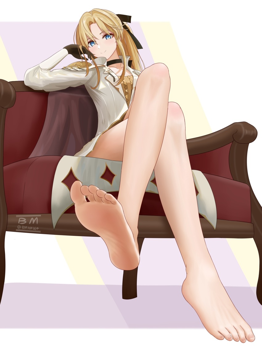 1girl, azur_lane, barefoot, blonde_hair, blue_eyes, bm_(bm364364), crossed_legs, feet