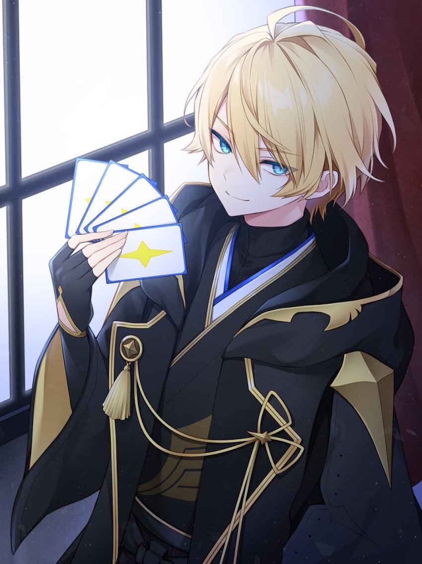 1boy, black_gloves, black_jacket, black_kimono, black_shirt, blonde_hair, blue_eyes, card