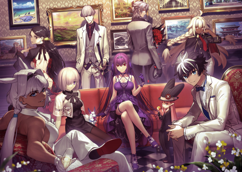 3boys, 6+girls, ahoge, alternate_costume, alternate_hairstyle, animal_ears, antonio_salieri_(fate), antonio_salieri_(fgo_fes._2022)_(fate), azusa_(hws), back, backless_dress, backless_outfit, black_dress, black_hair, black_hairband, black_hat, black_jacket, black_ribbon, black_suit, blue_bow, blue_eyes, bob_cut, bouquet, bow, bowtie, braid, breasts, brown_hair, brown_necktie, butt_crack, buttoned_cuffs, buttons, caenis_(fate), caenis_(fgo_fes._2022)_(fate), candy, charlemagne_(fate), charlemagne_(fgo_fes._2022)_(fate), closed_mouth, commentary_request, copyright_name, couch, creature, crossed_legs, dark-skinned_female, dark_skin, drawing_(object), dress, earclip, earrings, fate/grand_order, fate_(series), flower, food, formal_clothes, fou_(fate), glasses, gloves, grey_hat, grey_pants, grey_suit, grin, habetrot_(fate), habetrot_(fgo_fes._2022)_(fate), hair_between_eyes, hair_intakes, hair_over_one_eye, hairband, hand_in_pocket, hat, hidari_(left_side), highres, hirai_yukio, holding, holding_bouquet, holding_candy, holding_food, holding_lollipop, holding_unworn_clothes, holding_unworn_hat, indoors, jacket, jacket_on_shoulders, jewelry, katana, koyama_hirokazu, lakshmibai_(fate), large_breasts, lollipop, long_hair, long_sleeves, looking_at_viewer, looking_back, mash_kyrielight, mash_kyrielight_(fgo_fes._2022), median_furrow, medium_breasts, multicolored_hair, multiple_boys, multiple_girls, nape_braid, neck_ribbon, necktie, official_art, one_eye_closed, one_eye_covered, pants, pfalz, pink_eyes, pink_hair, ponytail, purple_dress, purple_eyes, purple_gloves, purple_hair, red_eyes, red_flower, red_necktie, red_rose, ribbon, rose, scathach_(fate), scathach-skadi_(fate), scathach-skadi_(fgo_fes._2022)_(fate), see-through_clothes, serious, sheath, sheathed, short_hair, shoulder_blades, sideboob, sitting, sleeveless, sleeveless_dress, smile, standing, strapless, strapless_dress, suit, sword, takeuchi_takashi, tassel, teeth, textless_version, tiara, toi8, toned, tongue, tongue_out, trait_connection, twin_braids, two-tone_hair, unworn_hat, unworn_headwear, very_long_hair, wada_arco, watanabe_no_tsuna_(fate), watanabe_no_tsuna_(fgo_fes._2022)_(fate), weapon, white_flower, white_gloves, white_hair, white_pants, white_suit, yu_mei-ren_(fate), yu_mei-ren_(fgo_fes._2022)_(fate)