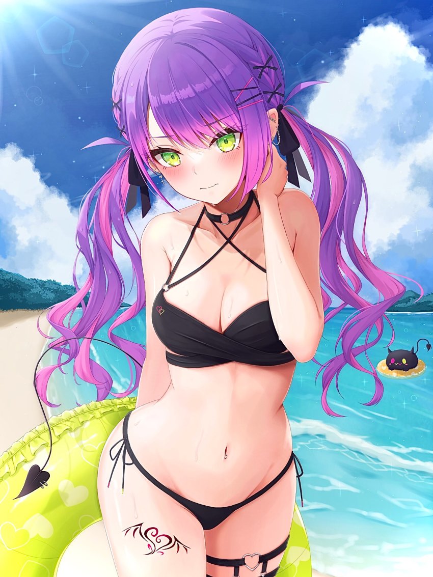 1girl, barbell_piercing, bare_shoulders, beach, bibi_(tokoyami_towa), bikini, blue_sky, blush, breasts, choker, cleavage, cloud, collarbone, demon_tail, ear_piercing, earrings, green_eyes, hair_ornament, hair_ribbon, hairclip, highres, hololive, industrial_piercing, innertube, jewelry, jupiterjack8, leg_tattoo, long_hair, medium_breasts, midriff, navel, navel_piercing, ocean, outdoors, piercing, purple_hair, ribbon, sky, solo, swim_ring, swimsuit, tail, tail_ornament, tail_piercing, tattoo, tokoyami_towa, twintails, virtual_youtuber, water