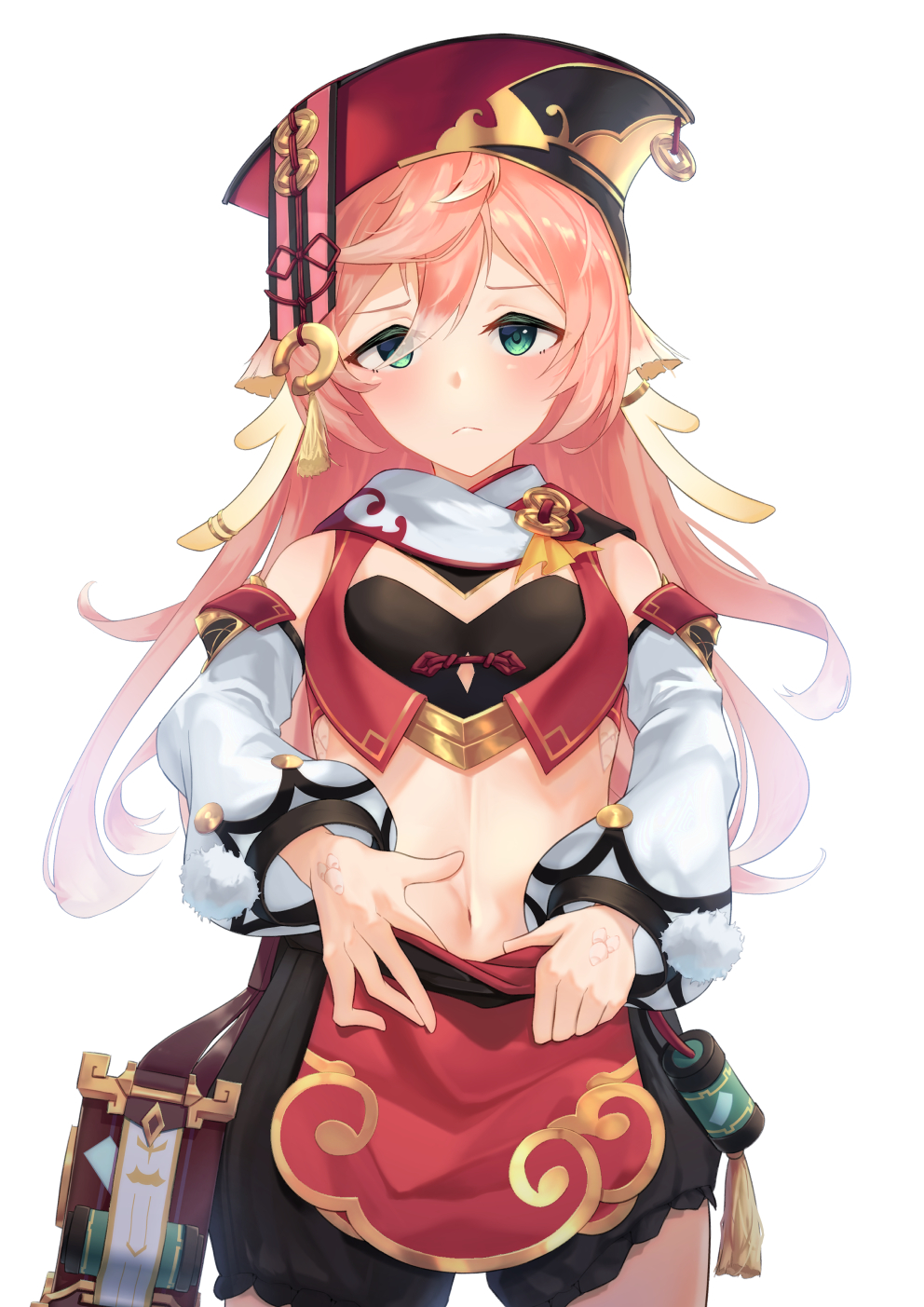 1girl, antlers, bare_shoulders, black_bloomers, black_bra, bloomers, blush, bra, breasts, closed_mouth, clothes_pull, commentary_request, cowboy_shot, crop_top, detached_sleeves, frown, genshin_impact, green_eyes, hair_between_eyes, hat, highres, horns, long_hair, looking_at_viewer, midriff, nasshii, navel, pink_hair, red_hat, scales, sidelocks, simple_background, skirt, skirt_pull, small_breasts, solo, standing, underwear, white_background, white_sleeves, yanfei_(genshin_impact)