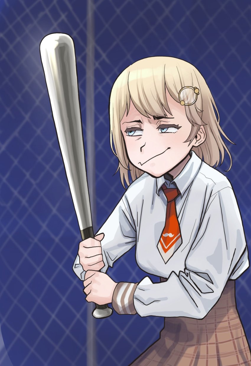 1girl, baseball_bat, blonde_hair, blue_eyes, chain-link_fence, collared_shirt, fence, george_costanza