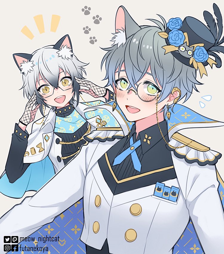 1boy, 1girl, :d, animal_ear_fluff, animal_ears, black_shirt, blue_cape, blue_flower