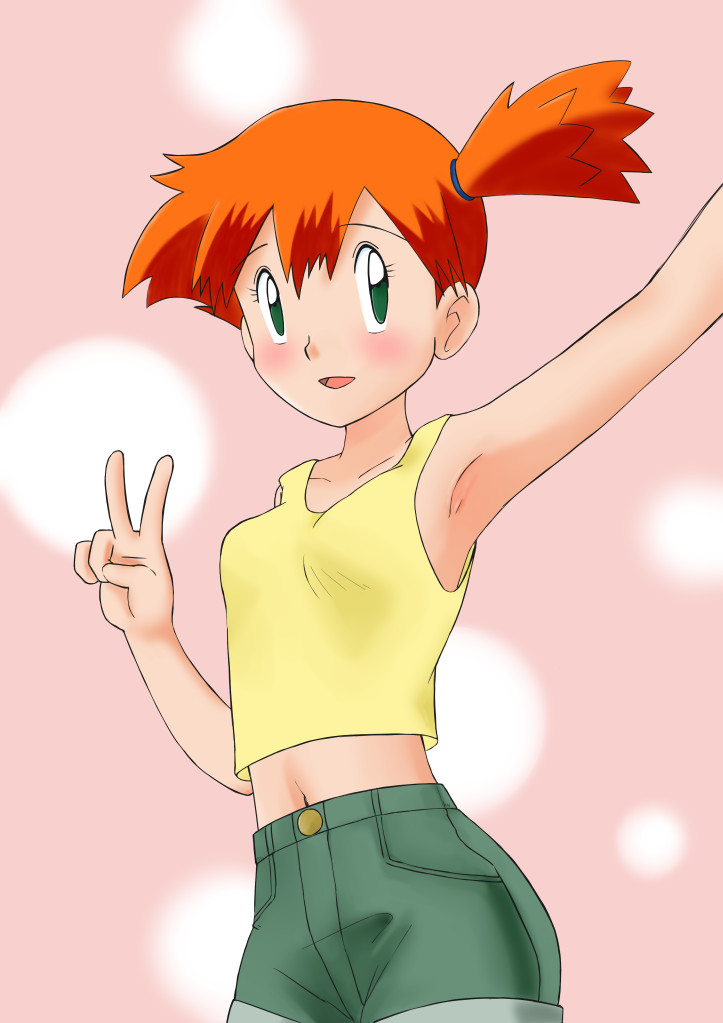 1girl, armpits, asymmetrical_hair, belt_loop, breasts, denim, denim_shorts, eyelashes