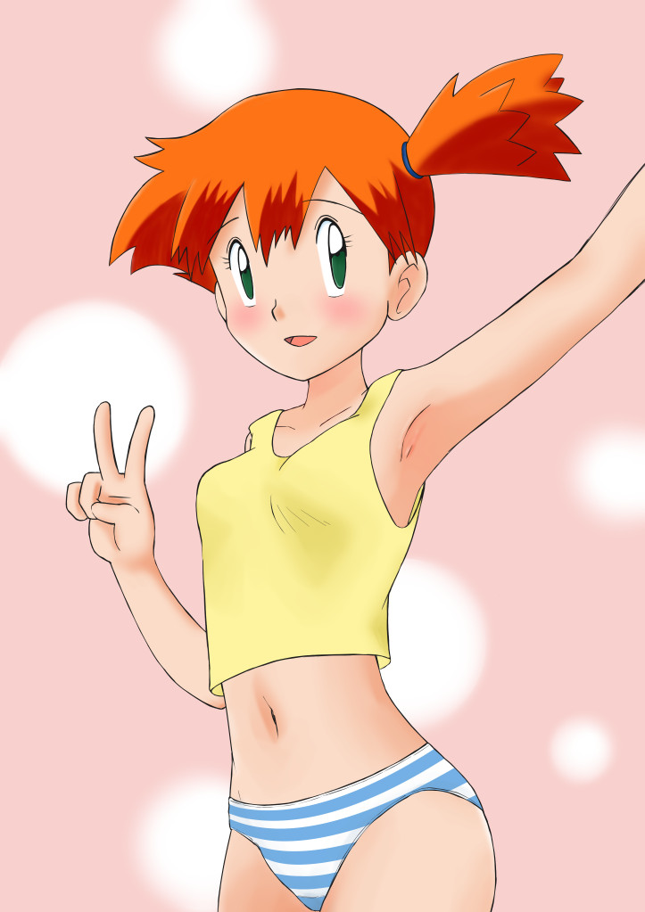 1girl, armpits, asymmetrical_hair, belt_loop, breasts, eyelashes, gen_1_pokemon, green_eyes, gym_leader, hair_between_eyes, hair_tie, looking_at_viewer, midriff, misty_(pokemon), navel, nintendo, orange_hair, panties, pants, pokemon, pokemon_(anime), pokemon_(classic_anime), ponytail, ryo_(artist), shirt, short_hair, side_ponytail, smile, solo, striped_clothes, striped_panties, tank_top, underwear, v, yellow_shirt, yellow_tank_top