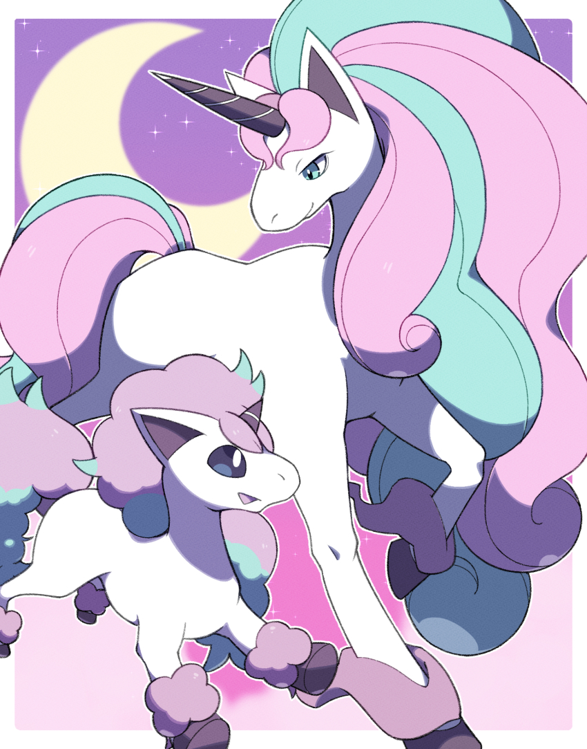 border, closed_mouth, commentary_request, evolutionary_line, galarian_form, galarian_ponyta, galarian_rapidash, gen_8_pokemon