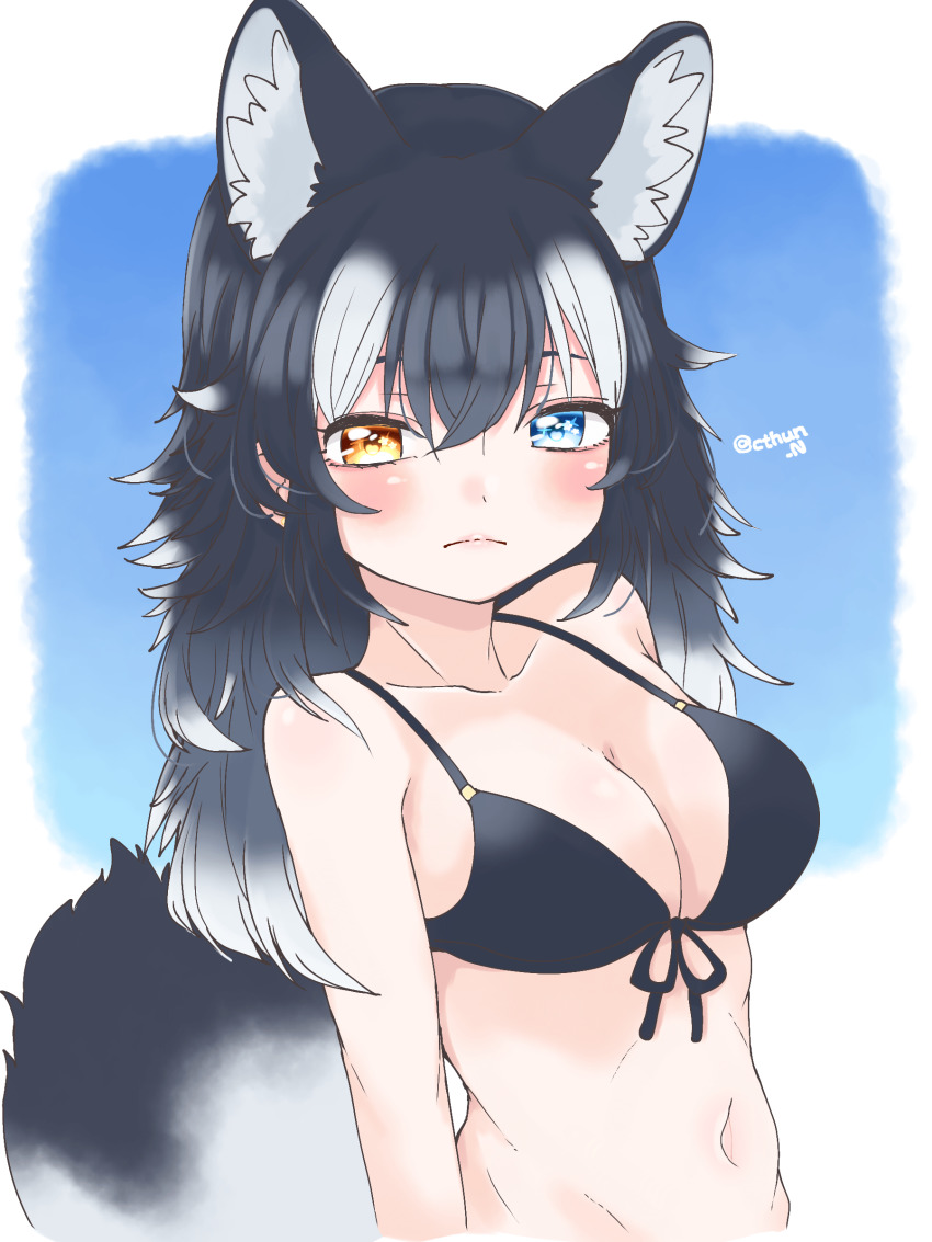 1girl, absurdres, animal_ear_fluff, animal_ears, arm_at_side, bikini, black_bikini, black_hair, blue_eyes, blush, closed_mouth, cthun_n, front-tie_bikini_top, front-tie_top, grey_wolf_(kemono_friends), groin, heterochromia, highres, kemono_friends, long_hair, multicolored_hair, navel, out-of-frame_censoring, signature, simple_background, slight_frown, solo, stomach, swimsuit, tail, twitter_username, white_hair, wolf_ears, wolf_girl, wolf_tail, yellow_eyes