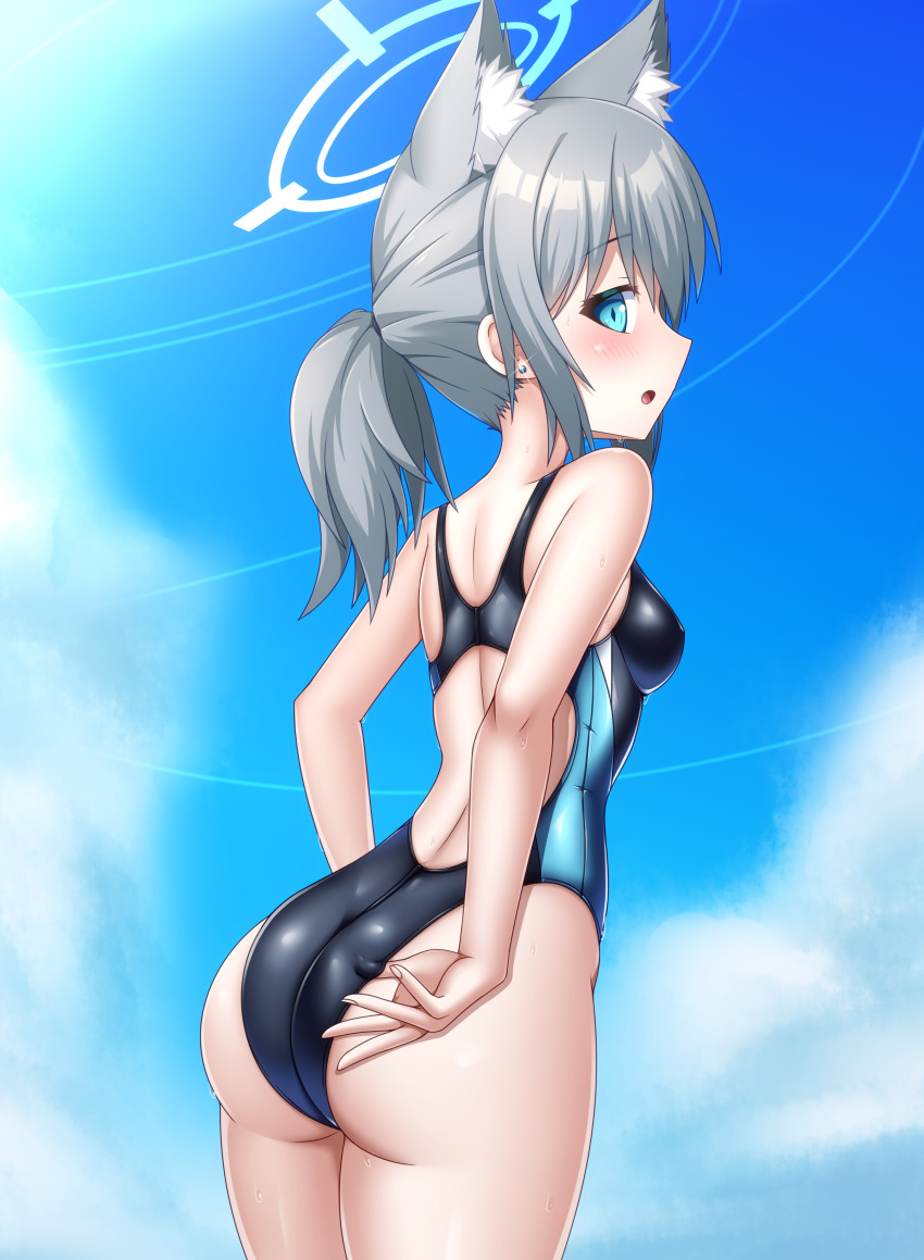 1girl, absurdres, adjusting_clothes, adjusting_swimsuit, animal_ear_fluff, animal_ears, ass, black_one-piece_swimsuit