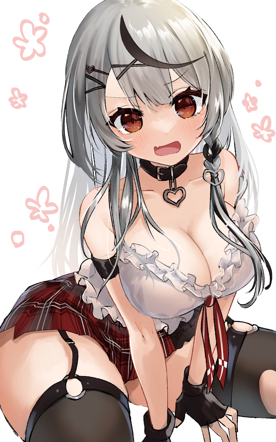 :o, armband, bare_shoulders, black_choker, black_gloves, black_legwear, blush, braid, breasts, brown_eyes, choker, cleavage, collarbone, cowboy_shot, eyelashes, fang, fingerless_gloves, frilled_shirt, frills, garter_straps, gloves, grey_hair, hair_between_eyes, hair_ornament, hairclip, heart, heart_choker, highres, hololive, large_breasts, leaning_forward, long_hair, looking_at_viewer, nidoneane, open_mouth, plaid_clothes, plaid_skirt, pleated_skirt, sakamata_chloe, shirt, simple_background, single_braid, sitting, skin_fang, skirt, sleeveless, sleeveless_shirt, thighhighs, v-shaped_eyebrows, virtual_youtuber, white_shirt, zettai_ryouiki
