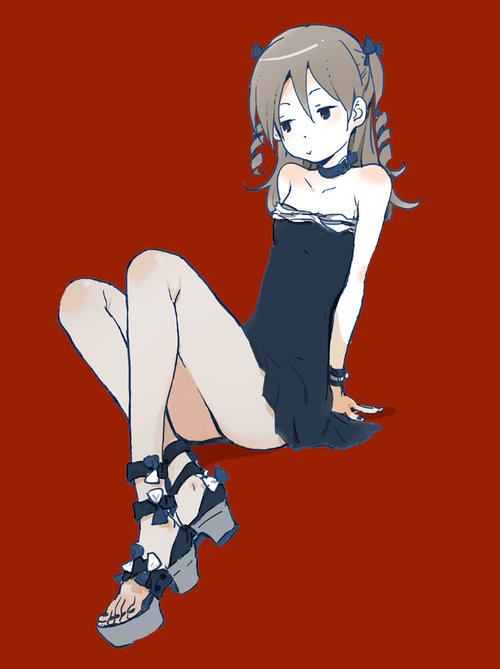 00s, 1girl, black_dress, bow, collar, dress, drill_hair, female_focus, gothic_lolita, hair_bow, high_heel_sandals, high_heels, kiikanna, legs, lolita_fashion, maka_albarn, nail_polish, platform_footwear, platform_sandals, ribbon, sandals, shoes, shy, solo, soul_eater, upskirt