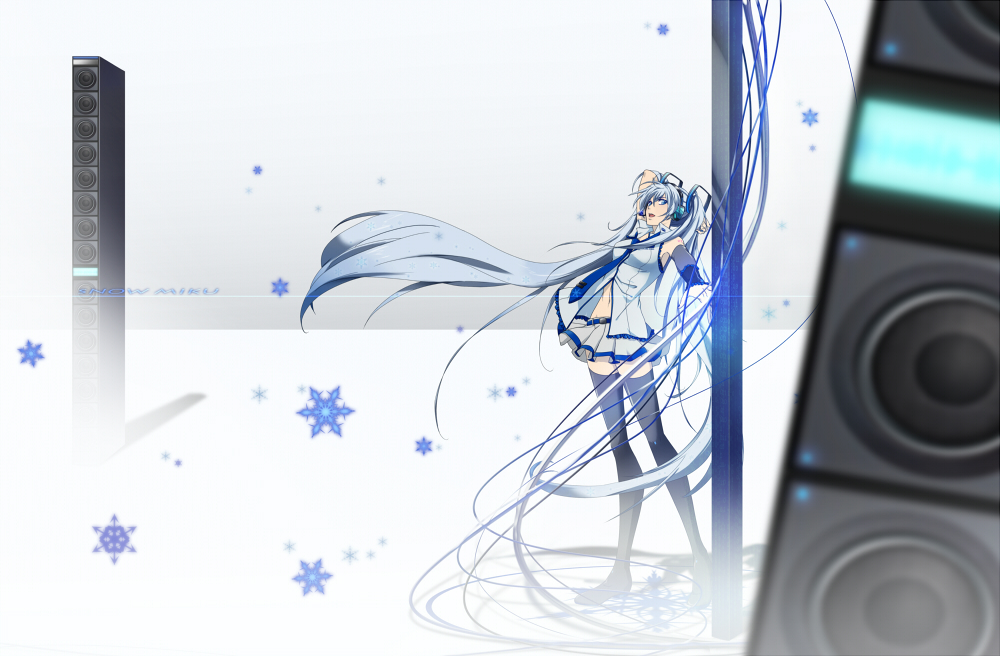 1girl, ak_(cosmio), alternate_color, alternate_hair_color, artist_request, bad_id, bad_pixiv_id, blue_eyes, female_focus, gradient_background, hatsune_miku, legs, long_hair, necktie, snowflakes, solo, very_long_hair, vocaloid, white_hair, yuki_miku