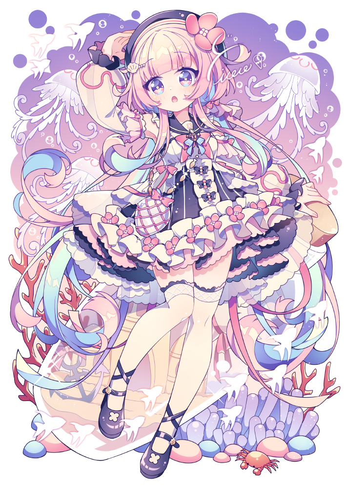 1girl, blue_hair, blush, coral, crab, dress, facing_viewer, fish