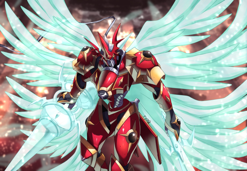 1boy, armor, asymmetrical_dual_wielding, digimon, digital_hazard, dual_wielding, dukemon, dukemon_crimson_mode