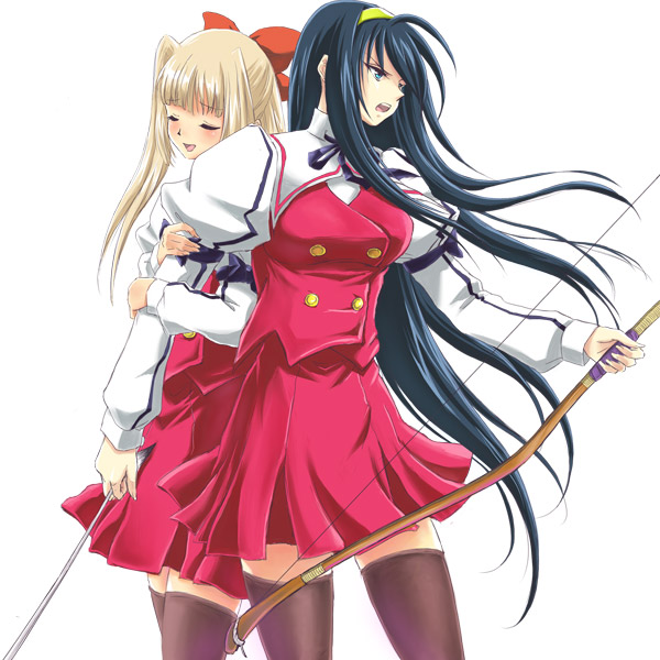 00s, 2girls, annoyed, arm_grab, blonde_hair, blue_eyes, blue_hair, blush, bow_(weapon), closed_eyes, cuddling, fujimaru_(kinakomucch), hair_ribbon, hairband, half_updo, happy, himemiya_chikane, holding, holding_another's_arm, josei_nyoshou, kannazuki_no_miko, kurusugawa_himeko, long_sleeves, multiple_girls, open_mouth, ototachibana_academy_school_uniform, puffy_sleeves, ribbon, school_uniform, simple_background, thighhighs, weapon, yuri, zettai_ryouiki