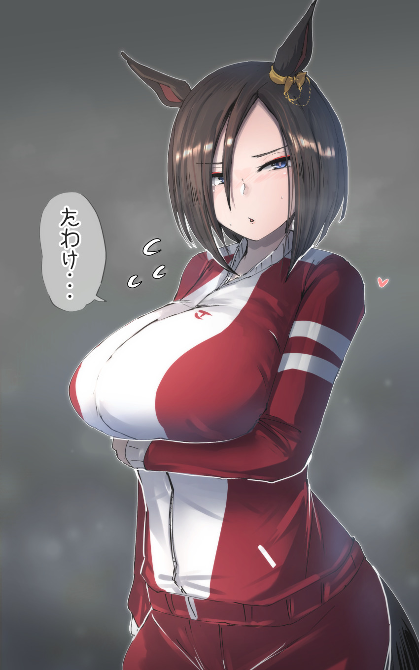 1girl, :o, absurdres, air_groove_(umamusume), animal_ears, arm_under_breasts, blue_eyes, bob_cut