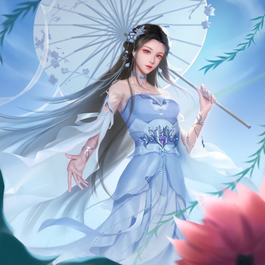 1girl, absurdres, beads, blue_dress, blue_sky, brown_hair, choker, dress