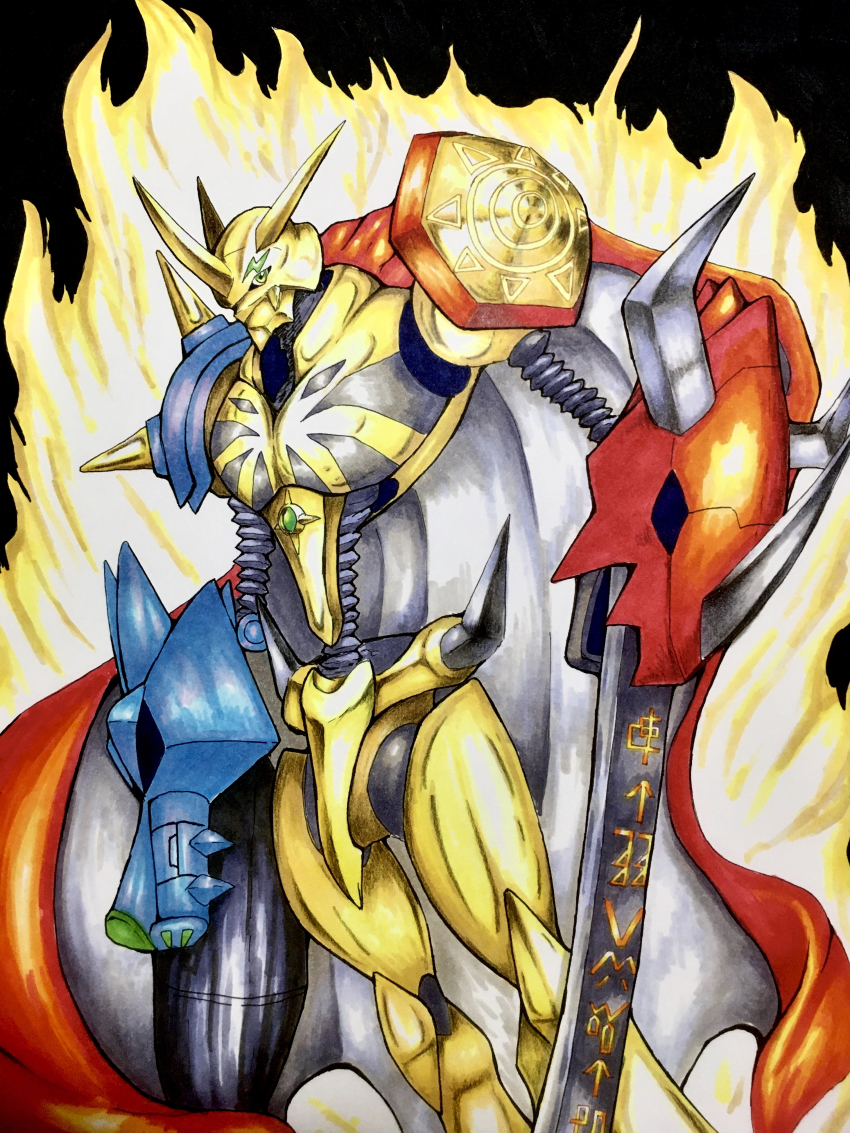 absurdres, cannon, cape, crests_(digimon), digimoji, digimon, digimon_rearise, fusion