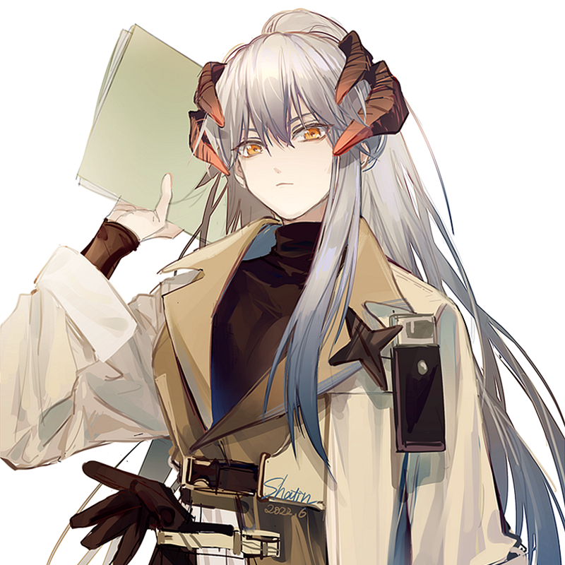 1girl, arknights, black_gloves, black_shirt, dated, dragon_horns, folder, gloves