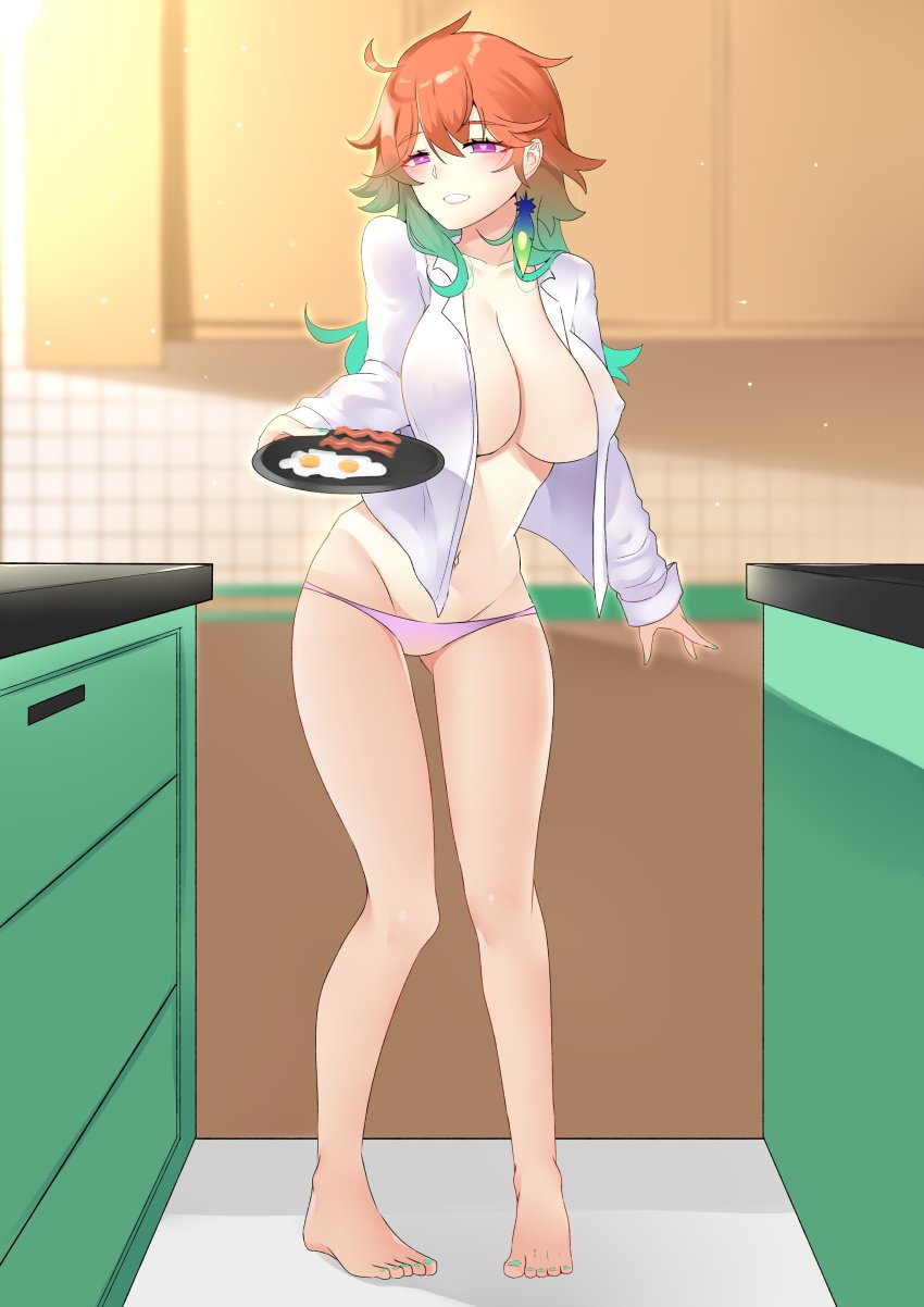 1girl, absurdres, bacon, barefoot, blush, breasts, cleavage, earrings, egg_(food), feather_earrings, feathers, feet, food, gradient_hair, heart, heart-shaped_pupils, highres, holding, hololive, hololive_english, jewelry, kuroeart, large_breasts, long_hair, multicolored_hair, nail_polish, open_clothes, open_shirt, orange_hair, panties, pink_hair, plate, solo, symbol-shaped_pupils, takanashi_kiara, toenail_polish, toenails, toes, underwear, virtual_youtuber