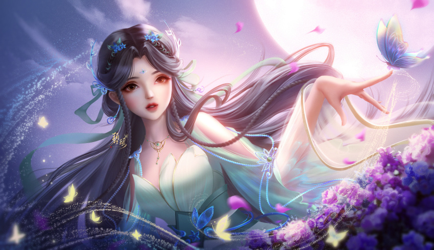 1girl, absurdres, bi_yao_(zhu_xian), bi_yao_zhuye, black_hair, braid, bug, butterfly