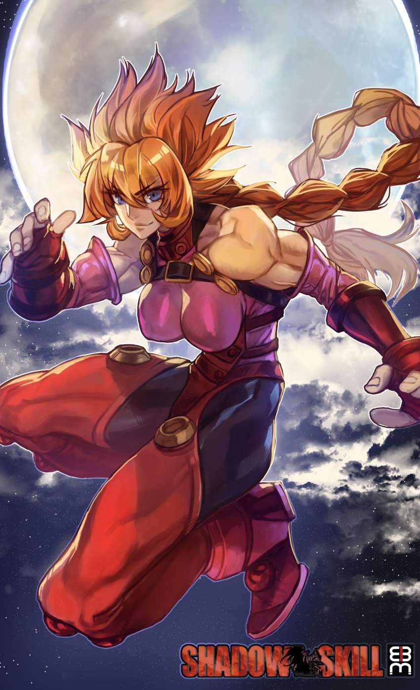 1girl, absurdres, artist_logo, bare_shoulders, bodysuit, braid, braided_ponytail, breasts, cloud, copyright_name, elle_ragu, ericmartindood, fingerless_gloves, fingernails, gauntlets, gloves, highres, impossible_clothes, jumping, lips, logo, midair, moon, muscular, muscular_female, night, orange_hair, red_hair, shadow_skill, silhouette, skin_tight, sky, smirk, solo, thighs