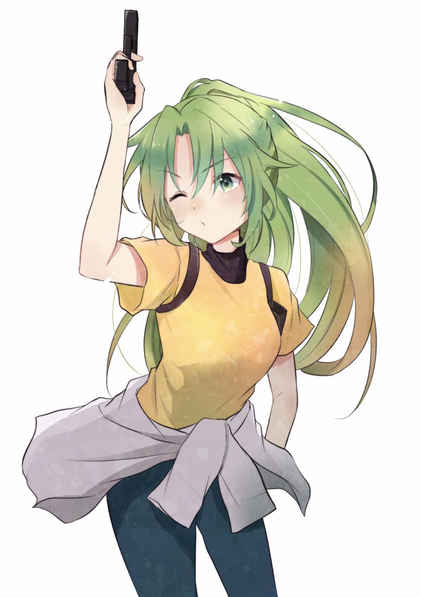 1girl, blue_pants, clothes_around_waist, commentary_request, green_eyes, green_hair, gun, hand_up, handgun, high_ponytail, highres, higurashi_no_naku_koro_ni, holding, holding_gun, holding_weapon, long_hair, one_eye_closed, pants, parted_bangs, pistol, ponytail, shirt, shosudo, simple_background, smile, solo, sonozaki_mion, sweater, sweater_around_waist, weapon, white_background, white_sweater, yellow_shirt