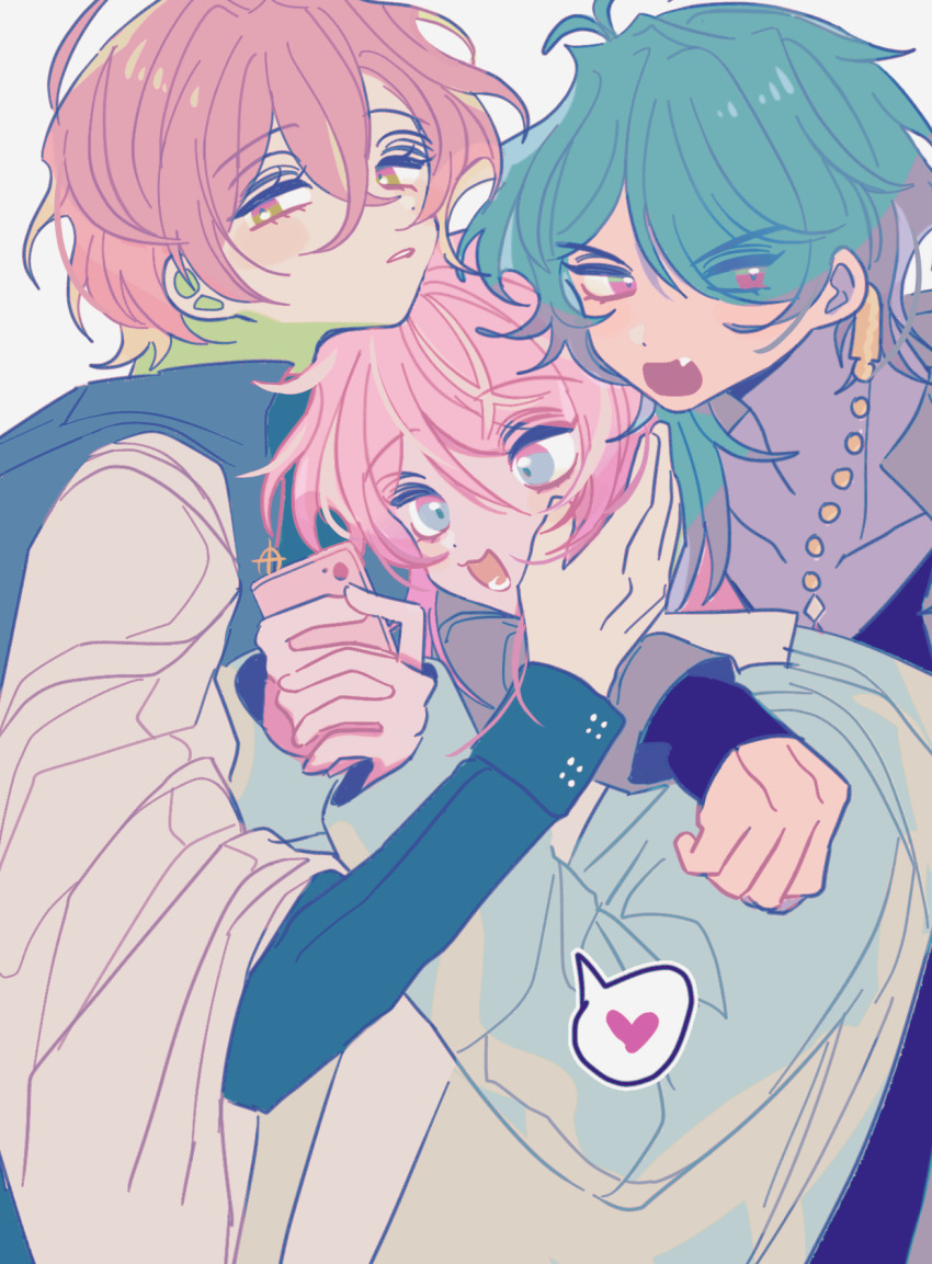 3boys, amemura_ramuda, arisugawa_dice, blue_eyes, blue_hair, cellphone, eyes_visible_through_hair, fang