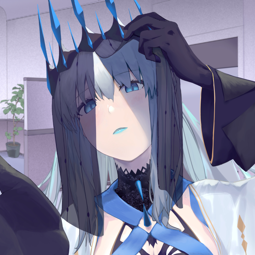 1girl, absurdres, bad_id, bad_pixiv_id, black_bow, blue_eyes, blue_lips, bow, braid, center_opening, clothing_cutout, crown, dress, fate/grand_order, fate_(series), highres, incoming_kiss, lipstick, long_hair, makeup, morgan_le_fay_(fate), morgan_le_fay_(queen_of_winter)_(fate), ponytail, solo, stomach_cutout, torayotorayomonekonouchi, two-tone_dress, veil, veil_lift, white_hair