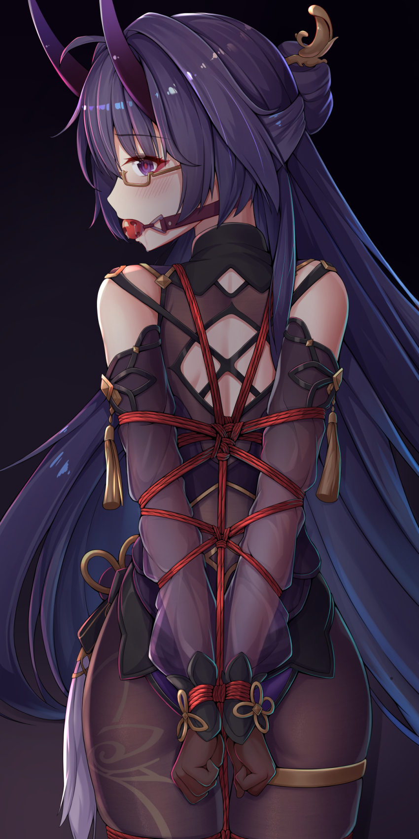 1girl, arms_behind_back, ass, ball_gag, bdsm, black_pantyhose, blush, bondage, bound, bound_arms, bound_legs, bound_wrists, chinese_commentary, clenched_hands, clothing_cutout, drooling, female_focus, gag, gagged, glasses, hair_between_eyes, hair_ornament, hair_stick, highres, honkai_(series), honkai_impact_3rd, horns, long_hair, official_alternate_costume, pantyhose, raiden_mei, raiden_mei_(herrscher_of_thunder), raiden_mei_(rainy_springtide), red_rope, restrained, rope, saliva, semi-rimless_eyewear, shibari, shibari_over_clothes, solo, standing, tassel, wiffle_gag, yiduan_zhu