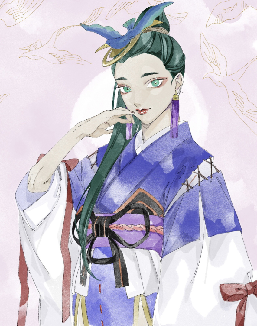 1girl, bird, bird_hair_ornament, bow, chin_(onmyoji), earrings, eyeshadow, green_eyes