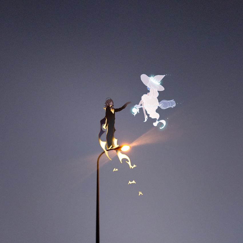 1boy, 1girl, arm_at_side, bat_(animal), black_coat, black_pants, broom, broom_riding