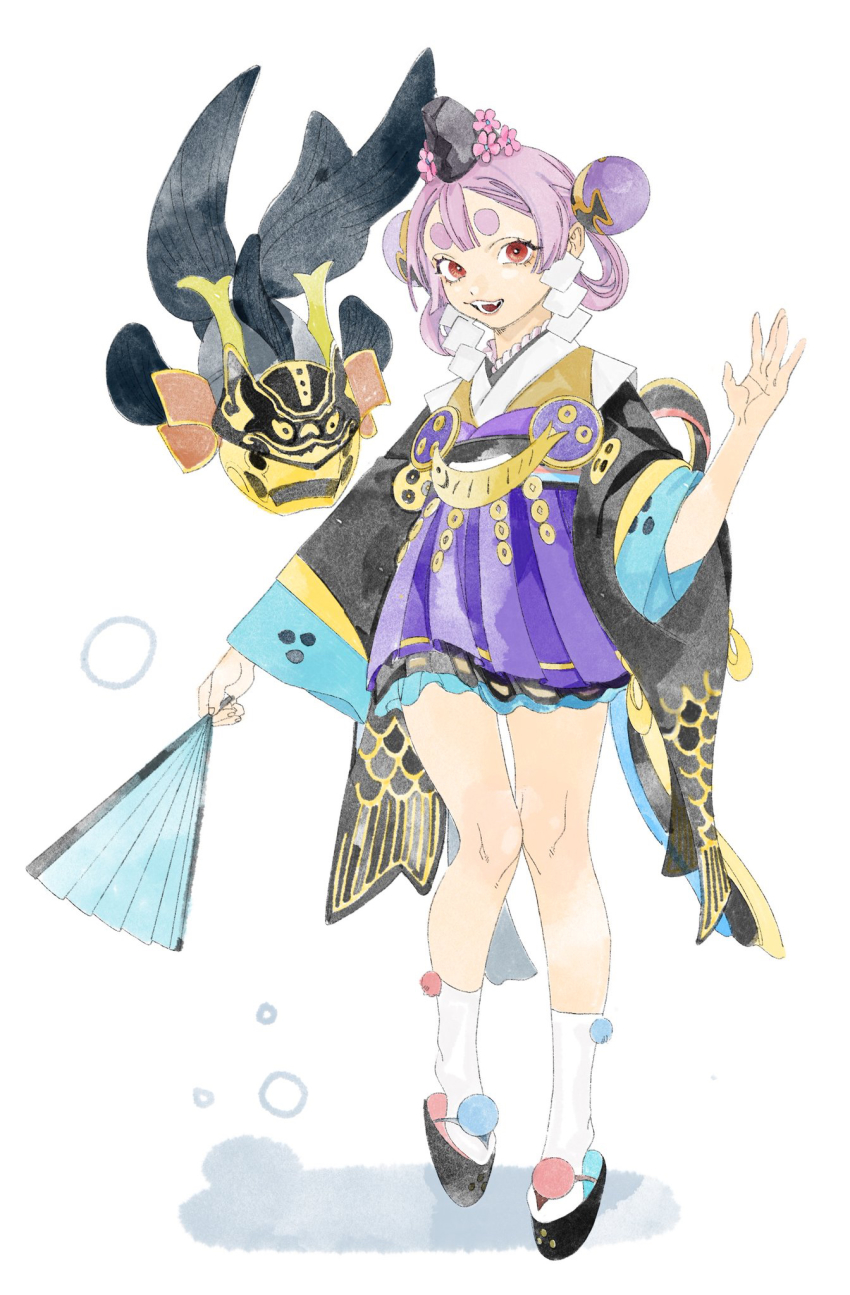 1girl, bun_cover, double_bun, fang, fish, goldfish, hair_bun, hand_fan, hat, highres, holding, holding_fan, japanese_clothes, keu, kingyo_hime_(onmyoji), looking_at_viewer, official_alternate_costume, okobo, onmyoji, pink_hair, platform_sandals, pom_pom_(clothes), red_eyes, sandals, smile, solo, tabi, tate_eboshi