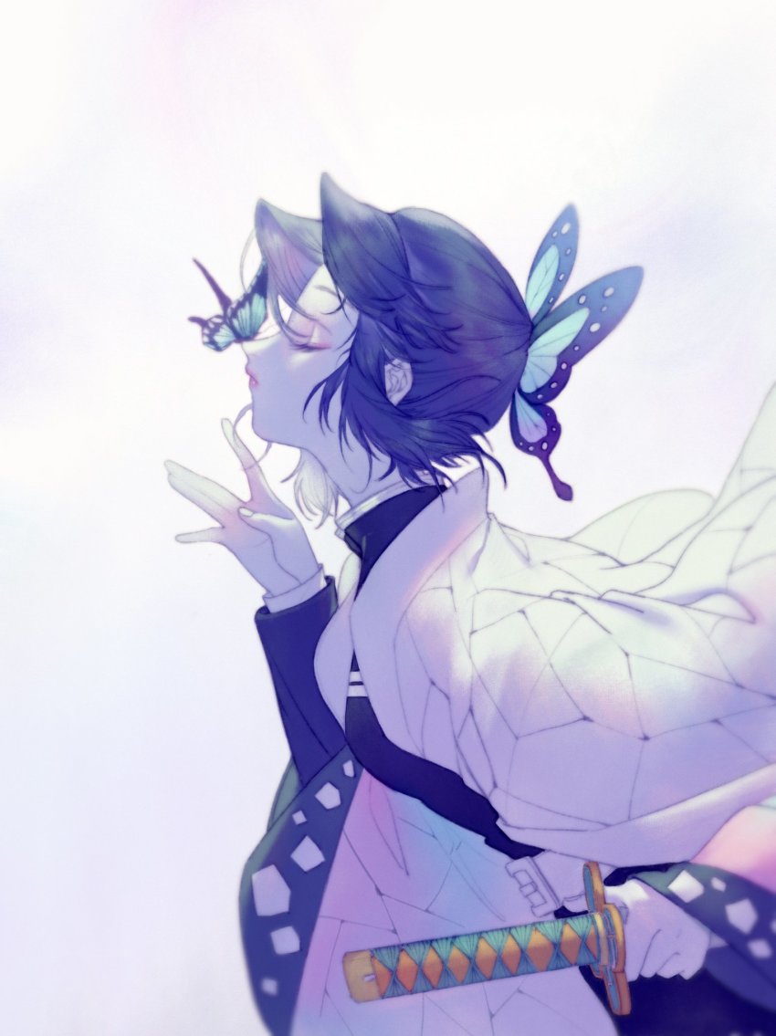 1girl, belt, black_hair, breasts, bug, butterfly, butterfly_hair_ornament, butterfly_on_nose, caradocc, closed_mouth, demon_slayer_uniform, eyelashes, closed_eyes, floating_hair, from_side, hair_ornament, hand_up, haori, highres, holding, holding_sword, holding_weapon, insect, japanese_clothes, katana, kimetsu_no_yaiba, kochou_shinobu, leaning_forward, long_sleeves, profile, sidelocks, sword, updo, upper_body, weapon, white_background, wide_sleeves