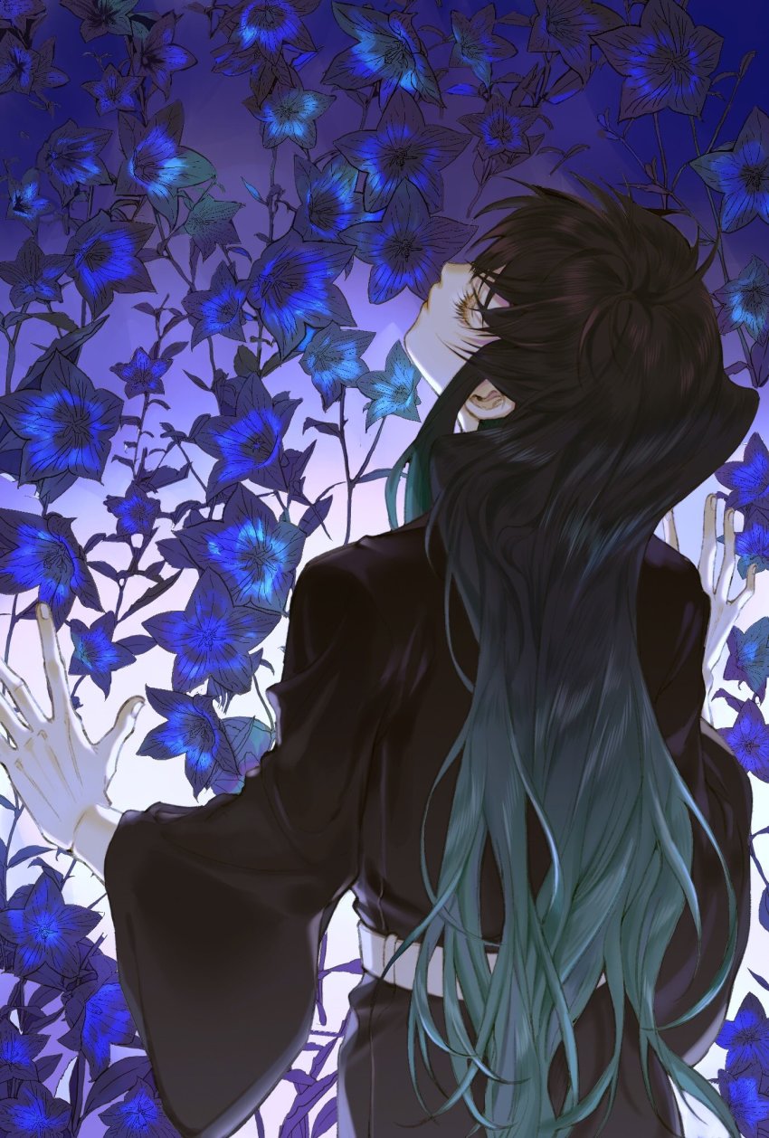 1boy, belt, black_hair, blue_flower, caradocc, closed_eyes, cowboy_shot, demon_slayer_uniform