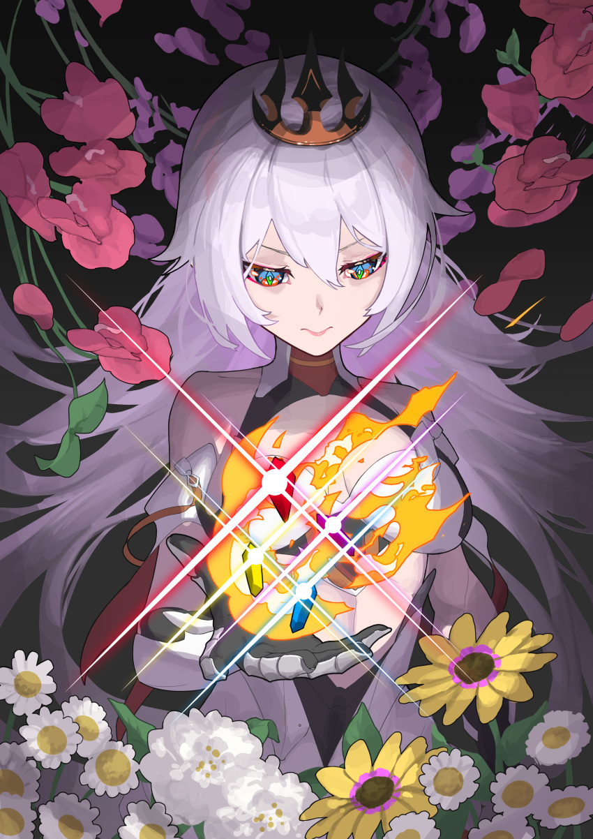 1girl, absurdres, bare_shoulders, black_gloves, blue_eyes, blue_gem, bright_pupils, cleavage_cutout