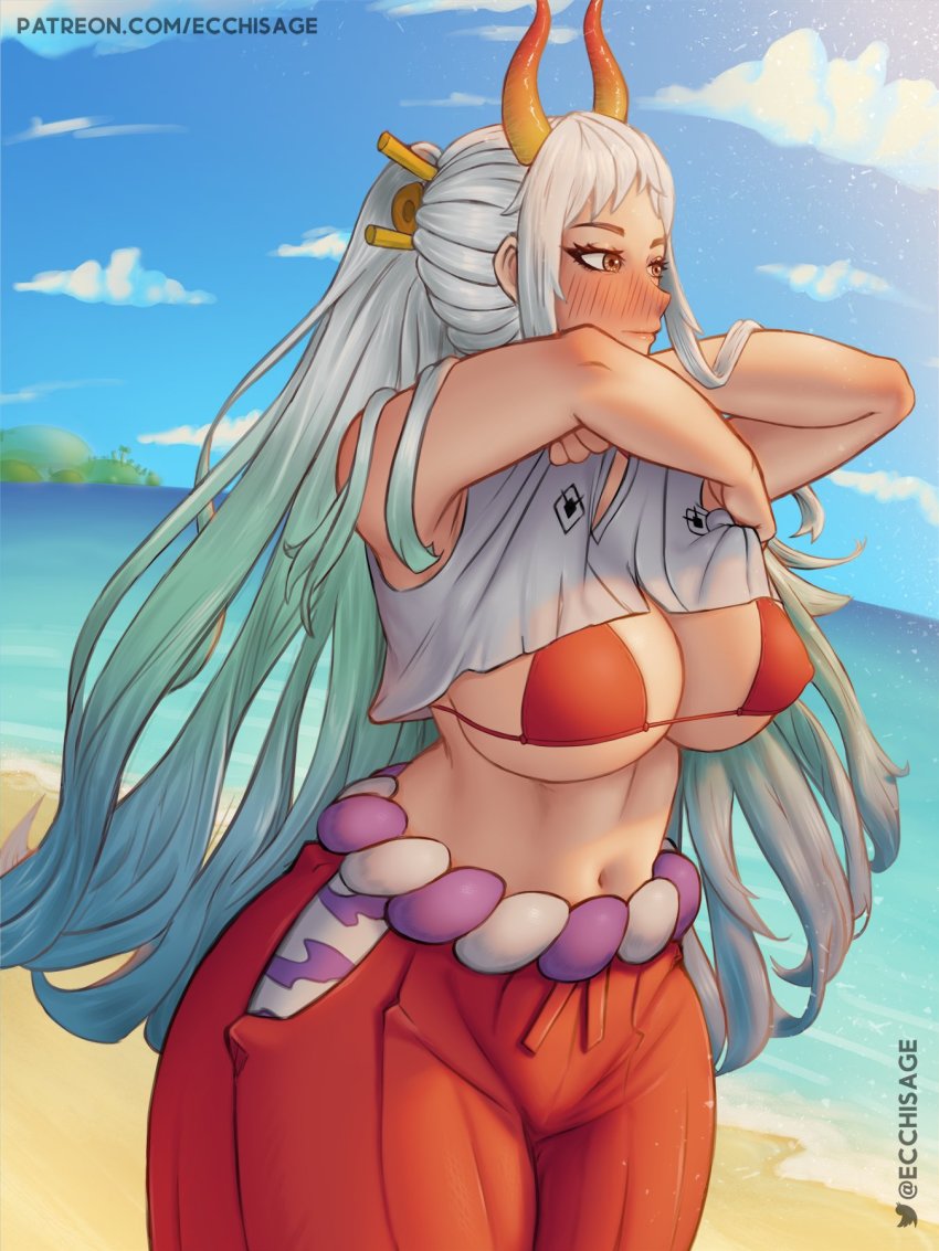 bad_id, bad_twitter_id, beach, bikini, bikini_under_clothes, breasts, clothes_lift, clothing_cutout
