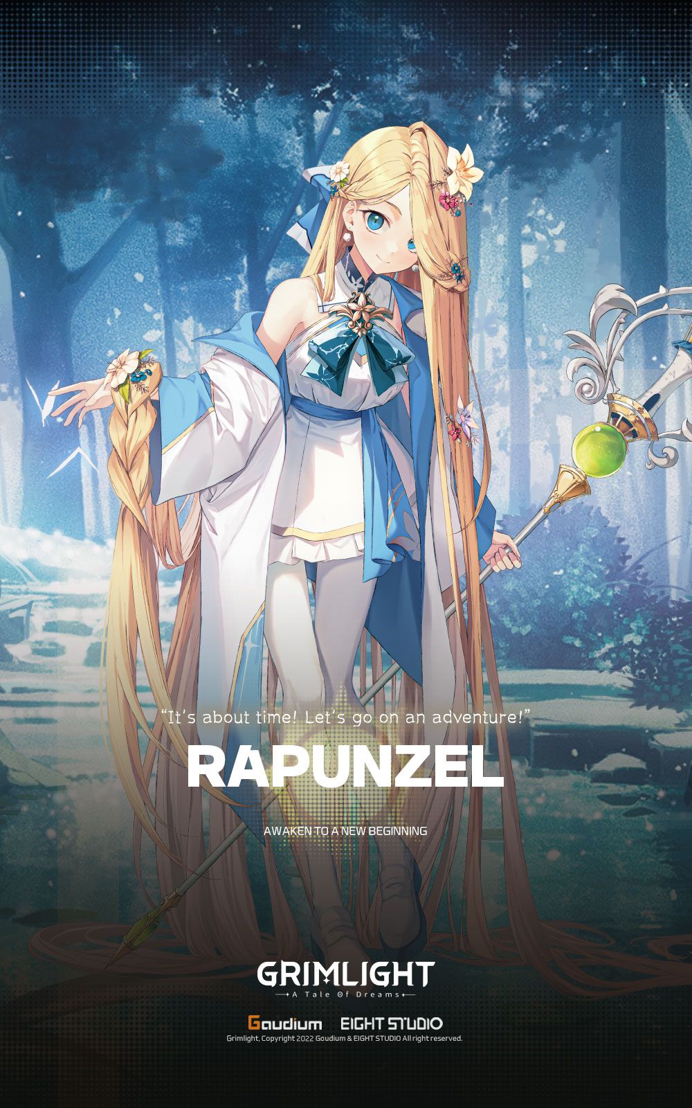 1girl, absurdly_long_hair, artist_request, blonde_hair, blue_eyes, braid, commentary, dress, earrings, english_commentary, english_text, flower, full_body, grimlight, hair_flower, hair_ornament, highres, jewelry, leggings, long_hair, off_shoulder, official_art, pantyhose, rapunzel_(grimlight), solo, staff, very_long_hair, white_pantyhose