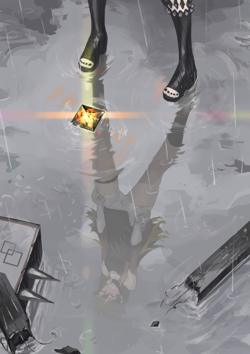 absurdres, bare_shoulders, black_boots, black_hair, black_nails, blonde_hair, boots, broken, clenched_hands, clenched_teeth, closed_eyes, crying, diffraction_spikes, genshin_impact, glint, glowing, guitar, hair_between_eyes, highres, instrument, johnny-chan, long_hair, multicolored_hair, nail_polish, open-toe_boots, rain, red_hair, reflection, ripples, single_thighhigh, spiked_footwear, spikes, standing, streaked_hair, teeth, thighhighs, toenail_polish, toenails, vision_(genshin_impact), water, xinyan_(genshin_impact)