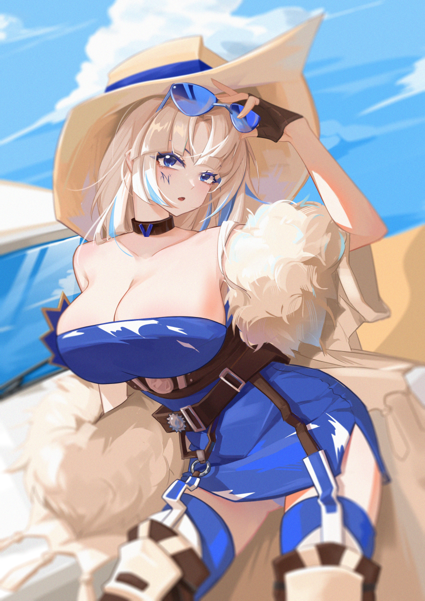 1girl, absurdres, alchemy_stars, arm_up, azure_(alchemy_stars), belt, black_belt, black_choker, blue_dress, blue_eyes, blue_sky, breasts, character_request, choker, cleavage, cloud, collarbone, commentary_request, cowboy_shot, day, dress, eyewear_on_head, facial_mark, feather_boa, guguge, hat, highres, large_breasts, long_hair, looking_at_viewer, parted_lips, short_dress, side_slit, sky, solo, standing, strapless, strapless_dress, sun_hat, sunglasses, thighhighs, tube_dress, white_hair