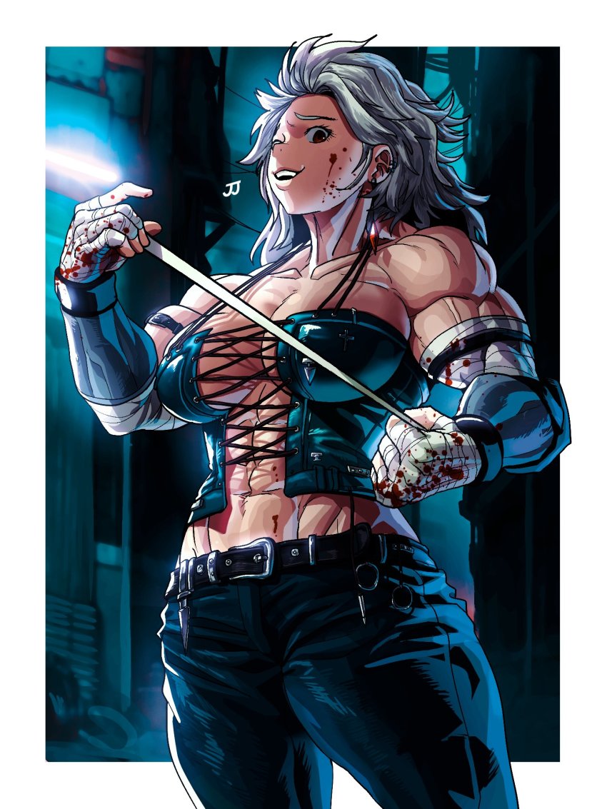 1girl, abs, bandages, belt, biceps, blood, breasts, clothing_cutout
