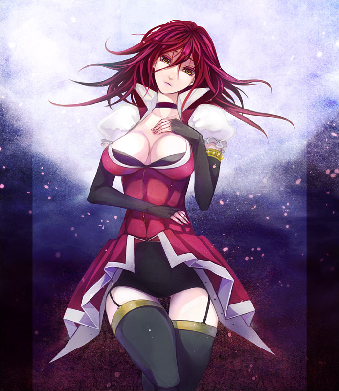 1girl, choker, dress, elbow_gloves, female_focus, fingerless_gloves, gloves, izayoi_aki, red_hair, skirt, solo, thighhighs, wakkoro, wakkoro_(pixiv466018), yellow_eyes, yu-gi-oh!, yu-gi-oh!_5d's