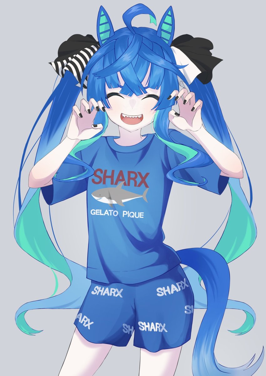 1girl, ^_^, ahoge, animal_ears, black_nails, blue_hair, blue_shirt, blue_shorts