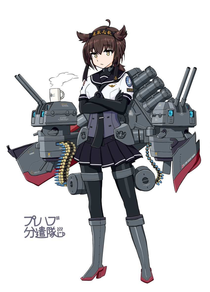 1girl, absurdres, ahoge, ammunition_belt, anchor_symbol, black_bodysuit, black_headband, black_neckerchief, black_sailor_collar, bodysuit, boots, brown_hair, cartridge, chou-10cm-hou-chan_(akizuki's), chou-10cm-hou-chan_(hatsuzuki's), clothes_writing, coffee_mug, commentary, corset, crossed_arms, cup, hachimaki, hair_flaps, hairband, hatsuzuki_(kancolle), headband, highres, kantai_collection, knee_boots, mug, neckerchief, pantyhose, patch, rigging, sailor_collar, samusara, school_uniform, serafuku, short_hair, shoulder_patch, simple_background, solo, steam, translation_request, white_background, yellow_eyes