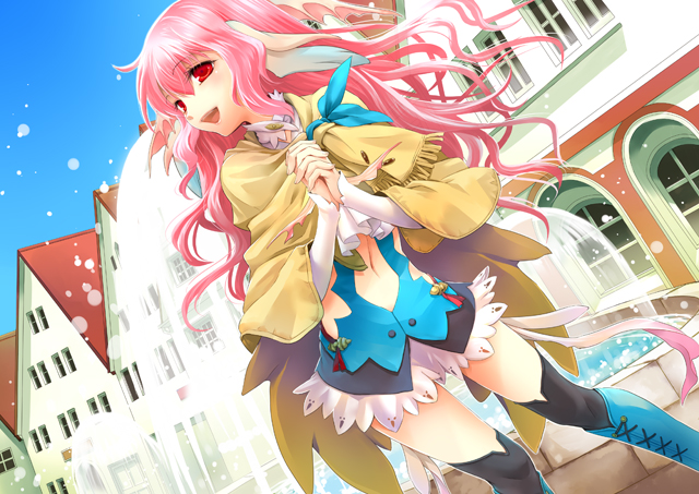 1girl, animal_ears, boots, female_focus, fountain, kawazoe_mariko, long_hair, navel, own_hands_clasped, own_hands_together, persia_(rune_factory), pink_hair, red_eyes, rune_factory, rune_factory_3, solo