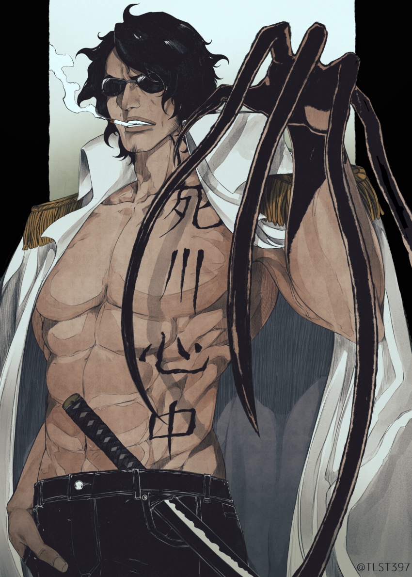 1boy, abs, absurdres, artist_name, artist_request, body_writing, facial_hair, hand_in_pocket