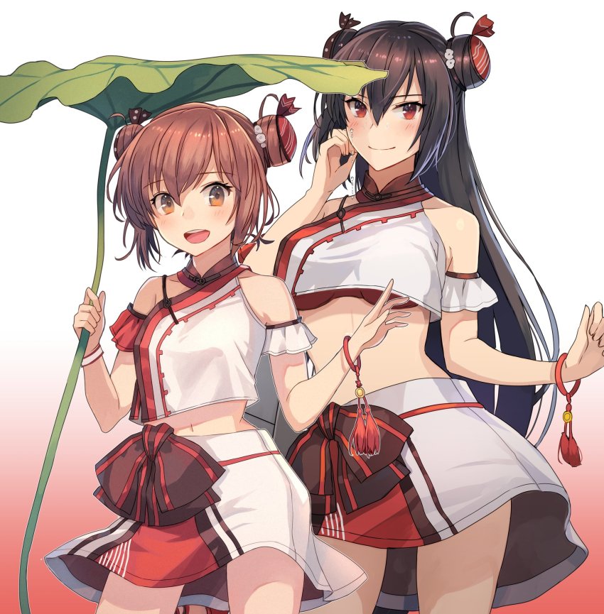 2girls, bare_shoulders, black_hair, blush, bow, bracelet, breasts, brown_eyes
